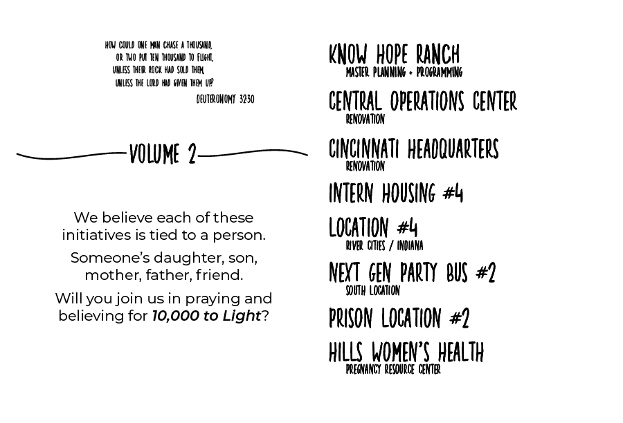 Volume 2 - We believe each of these initiatives is tied to a person. Someone's daughter, son, mother, father, friend. Will you join us in praying and believing for 10,000 to Light?